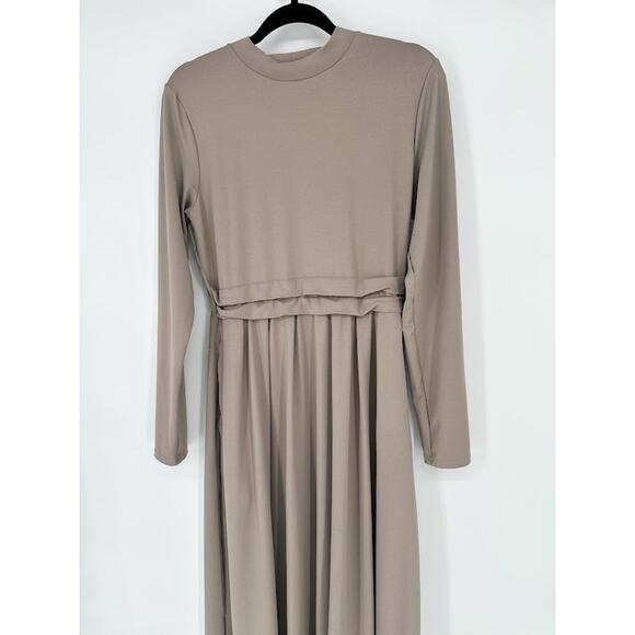 Halara Dress Womens Large Taupe Mock Neck Long Sleeve Pocket Maxi Flare Stretch - Picture 6 of 12